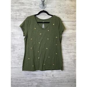 St Johns Bay Shirt Womens Large V‎ Neck Embroidered Ladybug Short Sleeve Casual